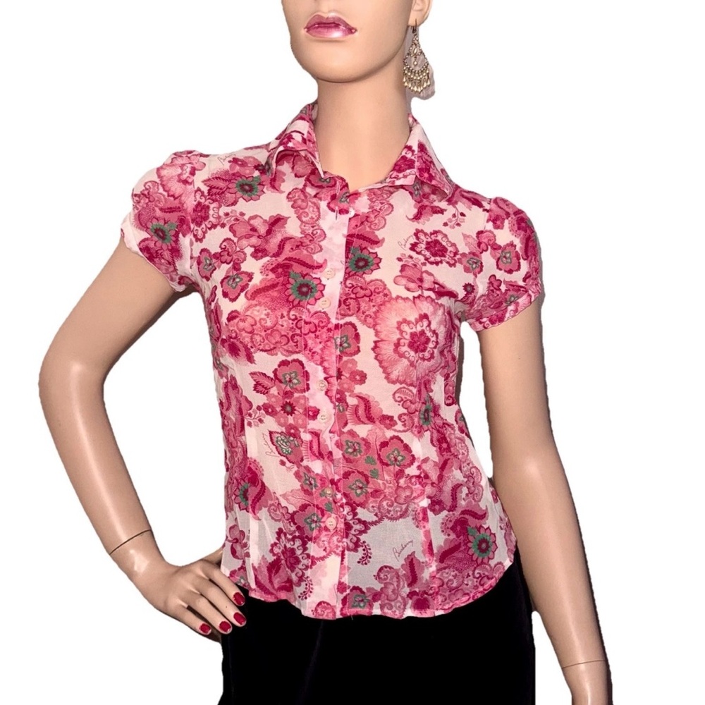 VTG Burberry Pink Floral Paisley Short Puff Sleeve Button Up Shirt Blouse S